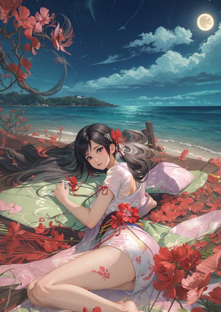 01309-753578968-masterpiece, best quality,1girl, kokoro, black hair, moonlight, spider lily, lying, japanese clothes,  looking back, ocean, ass.png